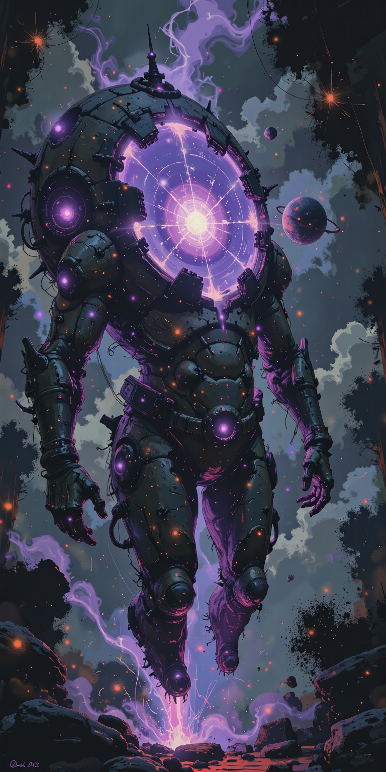 A humanoid celestial creature,  with transparent skin glowing purple,  surrounded by a small planet orbiting it on Tensor.Art