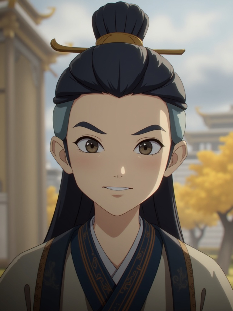 A boy with long black hair is wearing chinese clothes,outdoors,