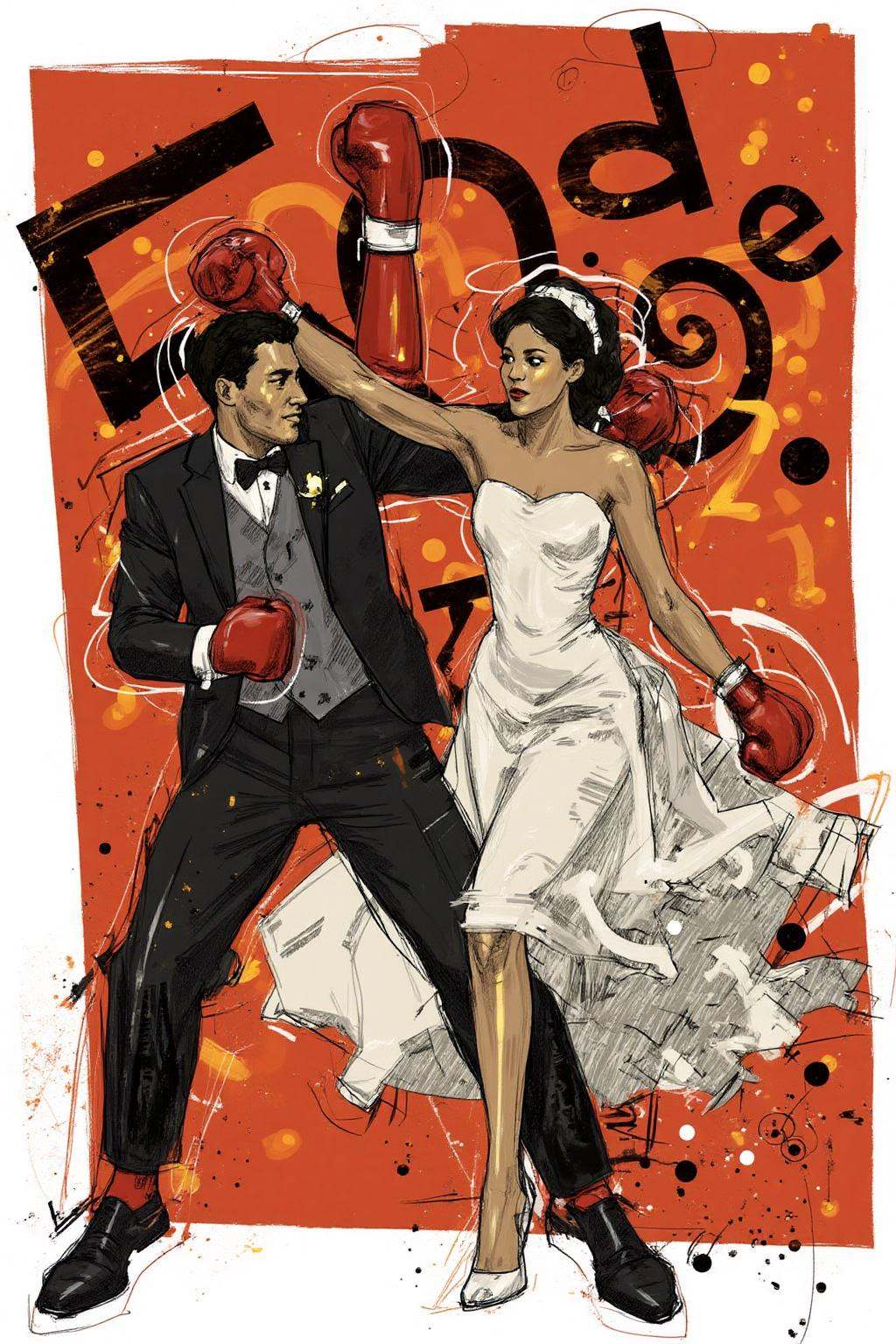poster illustration.A man and a woman boxing at a wedding. on Tensor.Art