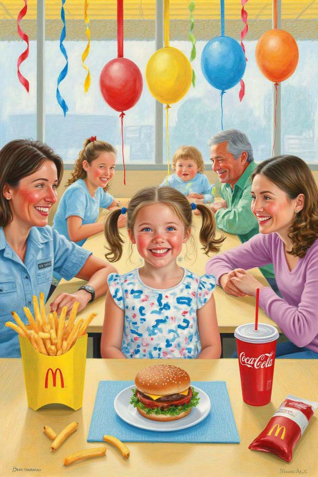 daho1 painting. A four-year-old girl with twin pigtails is celebrating her birthday at McDonald's,  a place that feels lik...