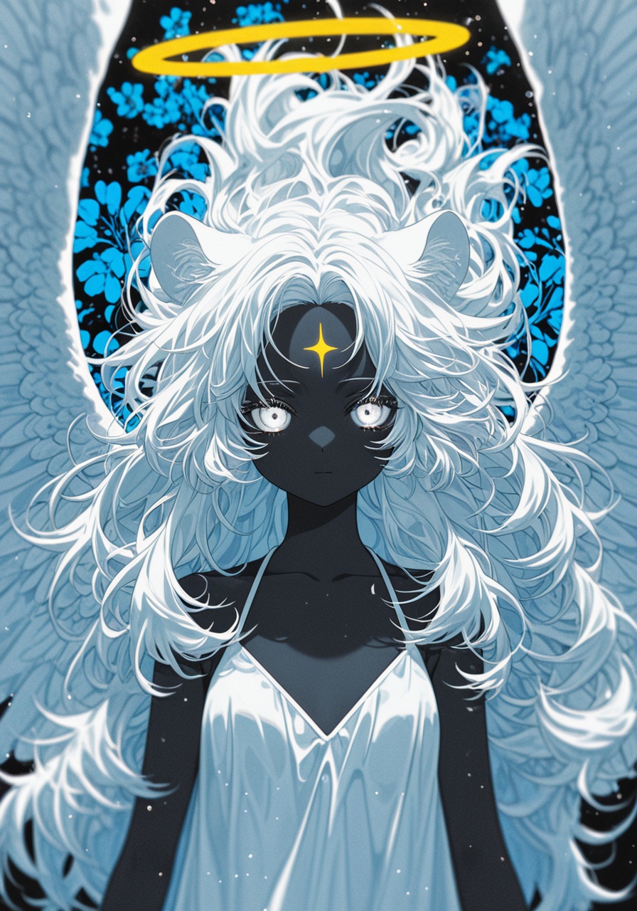 masterpiece, best quality, good quality, solo, wings, 1girl, golden halo, white eyes, long hair, two wings, (Cyan blue theme:1.0), angel wings, (spot color), forehead_mark, looking afar, (monochrome:0.77), angel, simple background, white hair, black, white dress, (greyscale:0.7), closed mouth, depth of field, dynamic, floral background, anime wallpaper, anime character, white hair, gold eyes, (dark skin), (fluffy big hair), white tiger ears, solo, girl, water particles, safe