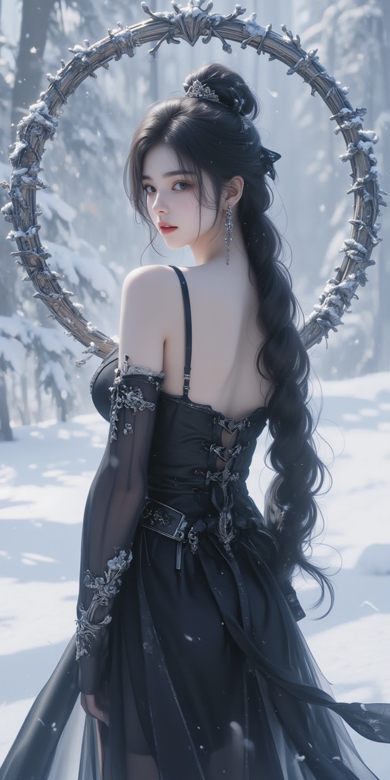 uoxue,snow,a woman,(masterpiece, best quality:1.4),finely detailed,1girl,solo,pale skin,perfect body,standing,large breasts,(black dress),(dress),black brablack bra,killer,keep your hands underneath,front view,(cowboy_shot:1.2),