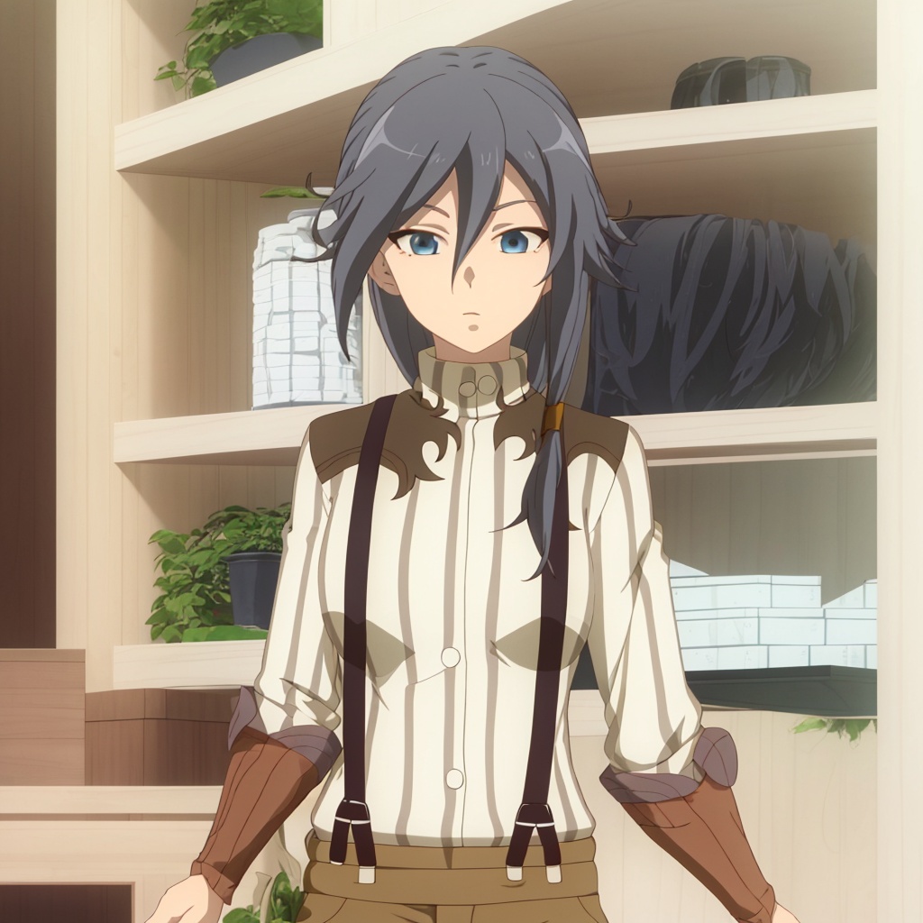 suspenders, striped, boots, polka dot shirt, long hair, fu hua, vertical-striped shirt, messy hair, shirt, brown shorts, brown footwear, shorts, long sleeves, belt, kneehighs, blue eyes, striped shirt, low ponytail, vertical stripes, grey hair, hair between eyes<lora:符华-餐桌s1:0.8>