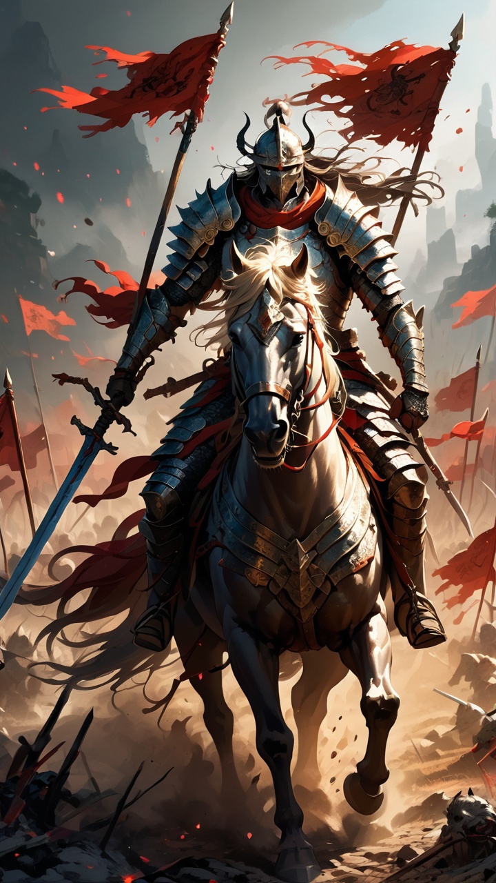 This is a magnificent digital art work showing a warrior on the ancient battlefield. The warrior is clad in heavy armor, holds a sharp long sword, and rides on a powerful warhorse. His eyes are firm and brave, and his face is smeared with blood and dust. The background is a smoky battlefield with deafening shouts and fluttering flags. The work is rich in color and the lines are vigorous and powerful, vividly recreating the cruelty and intensity of the ancient battlefield.