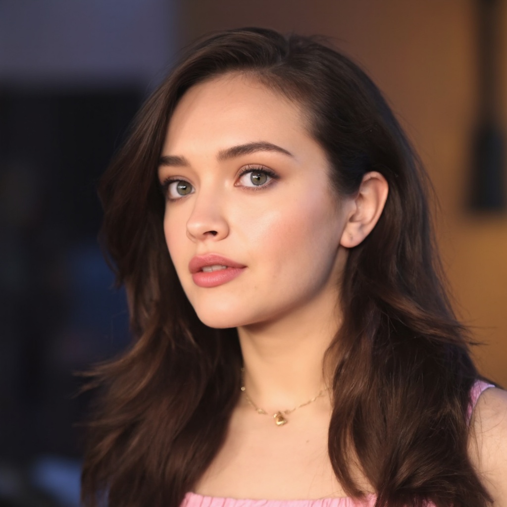 A close-up portrait of olivia_cooke captured in a candid moment. She has long,  dark hair and striking blue eyes. Her make...
