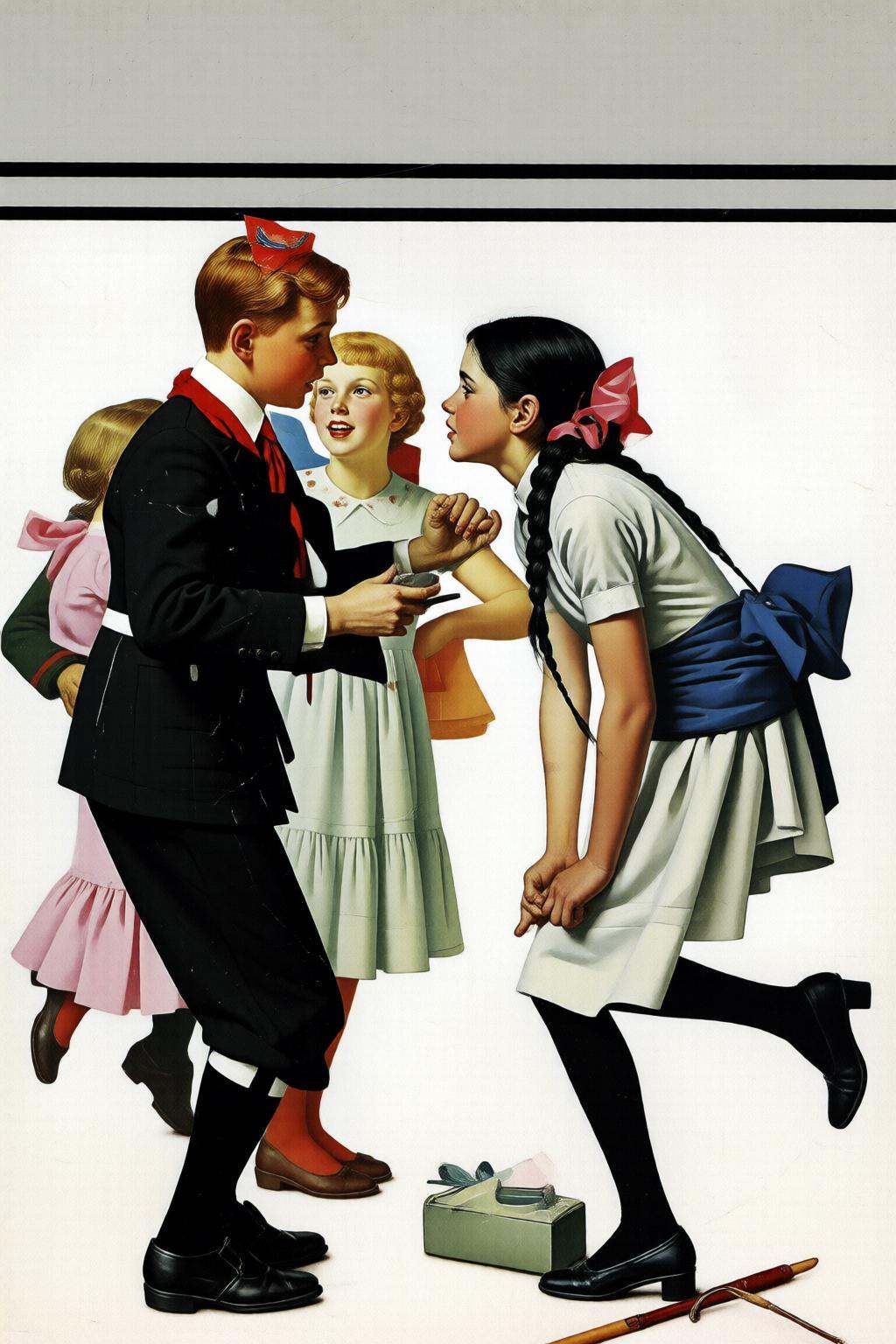 normanrockwell2q illustration.A lively scene of children dancing,  set against a plain white background with a simple hori...