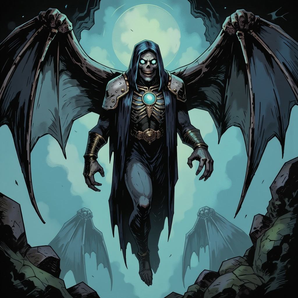 inked comic illustration in TTCSV1.0 artstyle that features Wraith hovers in the air,  a towering,  semi-translucent figur...