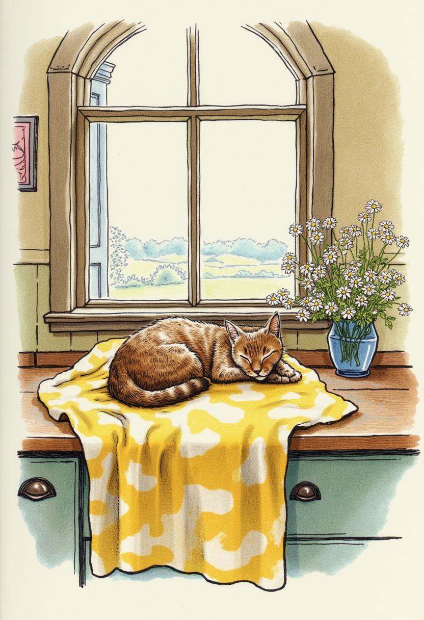 Charming Victorian watercolor and ink illustration,  by Kate Greenaway. Features cat asleep next to the window of a cosy k...
