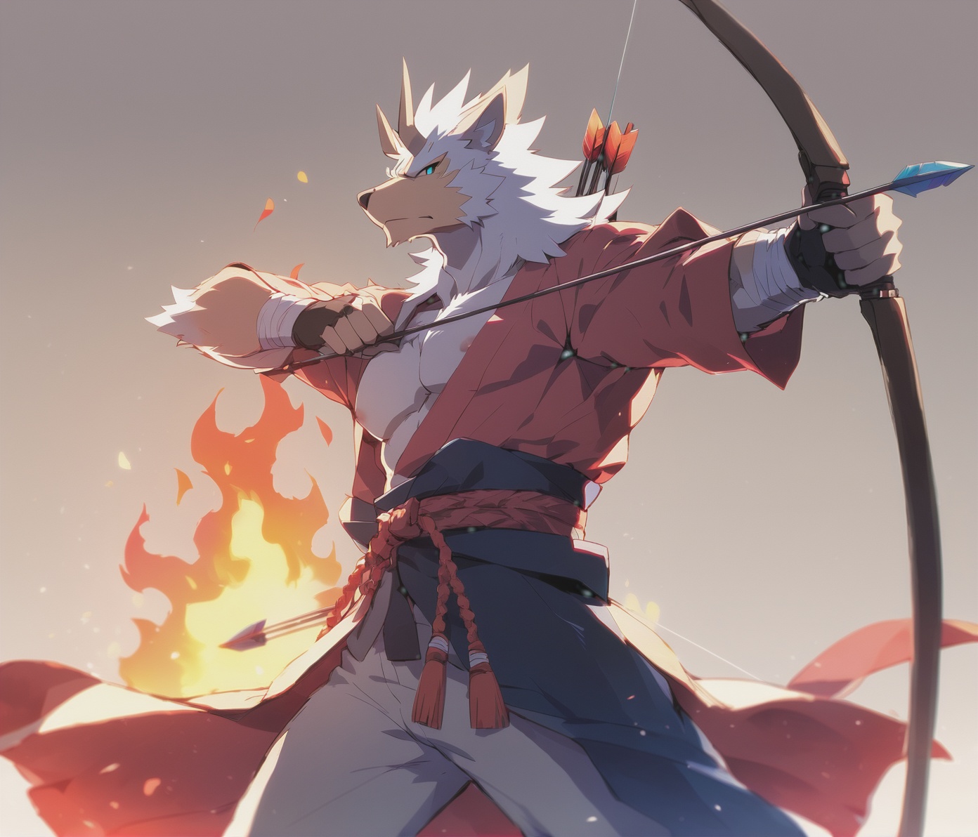 solo, gloves, 1boy, holding, animal ears, nipples, standing, weapon, white hair, male focus, cowboy shot, japanese clothes, open clothes, horns, kimono, holding weapon, gradient, gradient background, muscular, fire, pectorals, muscular male, hakama, furry, single glove, bow \(weapon\), partially fingerless gloves, arrow \(projectile\), furry male, open kimono, holding bow \(weapon\), single bare shoulder, snout, aiming, hadanugi dousa, holding arrow, drawing bow, archery, kyuudou,body fur,anthro
