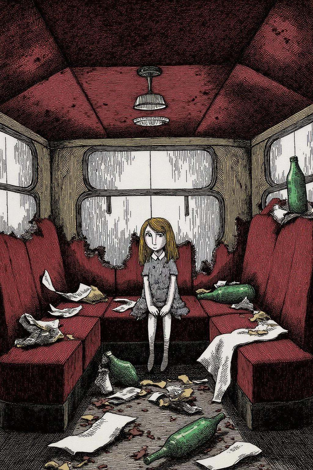 edwardgorey1 illustration.A girl sitting in a dilapidated train car,  The train's red interior is faded and worn,  with pa...