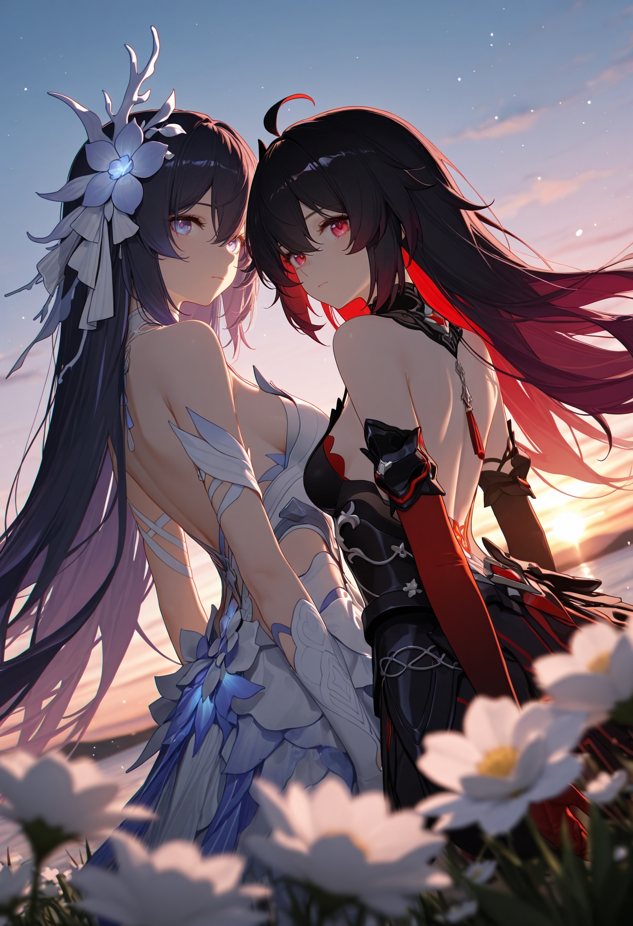 masterpiece, best quality, amazing quality, very aesthetic, absurdres, highres, newest, HDR, 8K, high detail, subtle, high contrast, 2girls, seele vollerei \(starchasm nyx\), sideboob, absurdres, back, black dress, closed mouth, dual persona, elbow gloves, highres, honkai \(series\), honkai impact 3rd, looking at viewer, looking back, red gloves, seele \(herrscher of rebirth\), sleeveless dress, white dress, white flower, white gloves, yukizawa xueze, real bedroom background, smooth shading, glossy surfaces, colorful depth, chromatic aberration, cinematic composition, natural lighting, front view, dutch angle, (shallow depth of field:1.4), blurry foreground, lighting, particles, sunset,