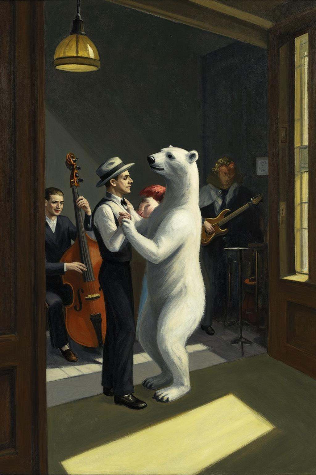 edwardhopper1 painting. a man and a woman dancing with a polar bear at a jazz club. A band is playing in the background. o...