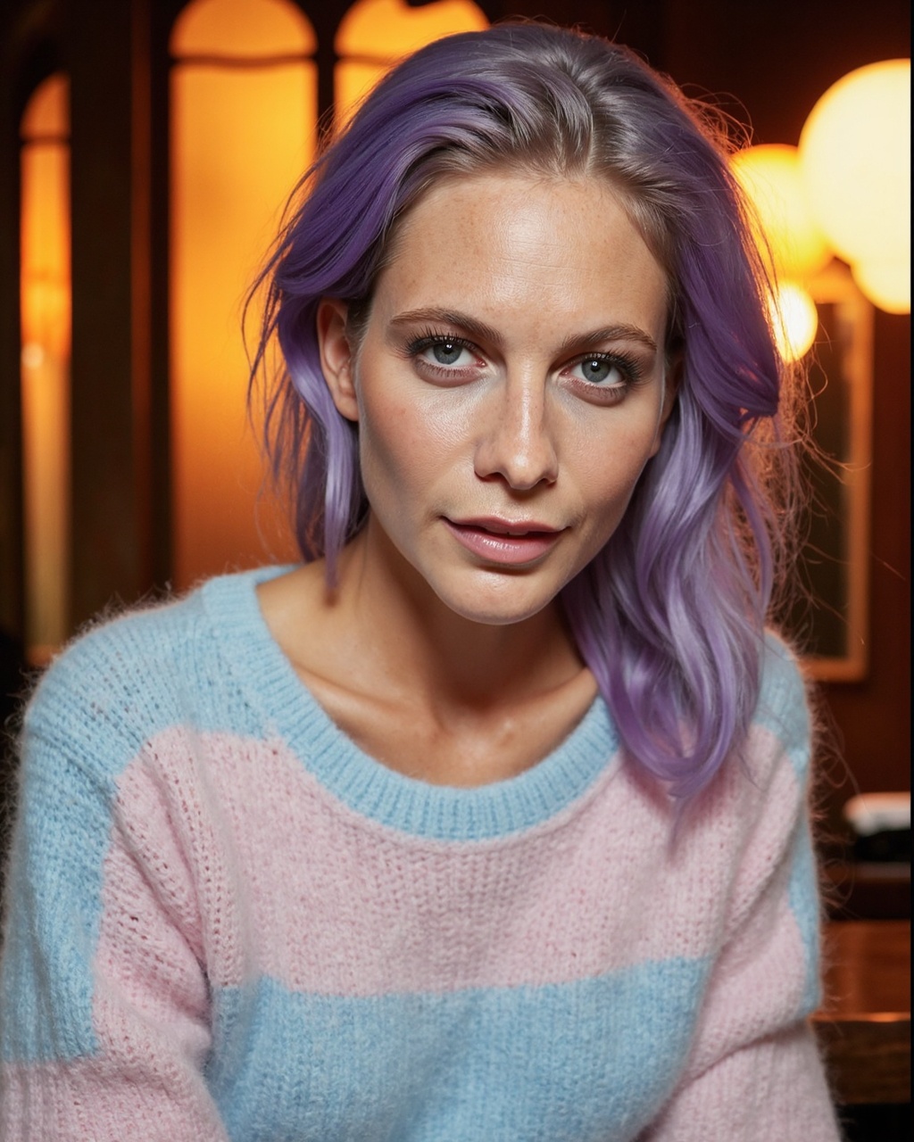 A high-resolution photograph of poppy_delevingne with a light skin tone and striking purple hair styled in voluminous curl...