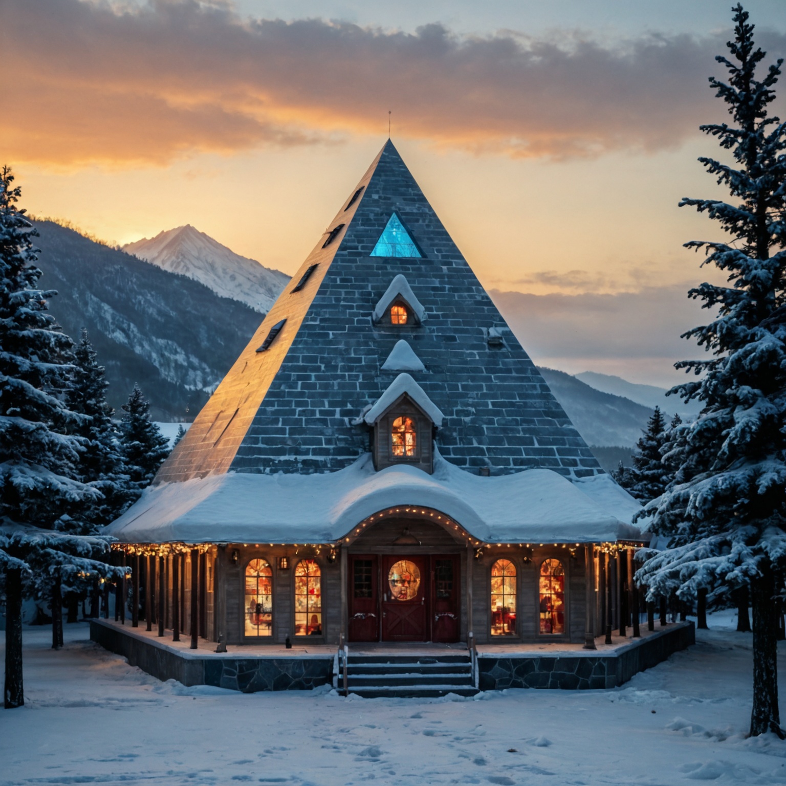 A small monochromatic house Christmas tree shape of an pyramid,  built on top of snow-covered mountains with a it,  in an...