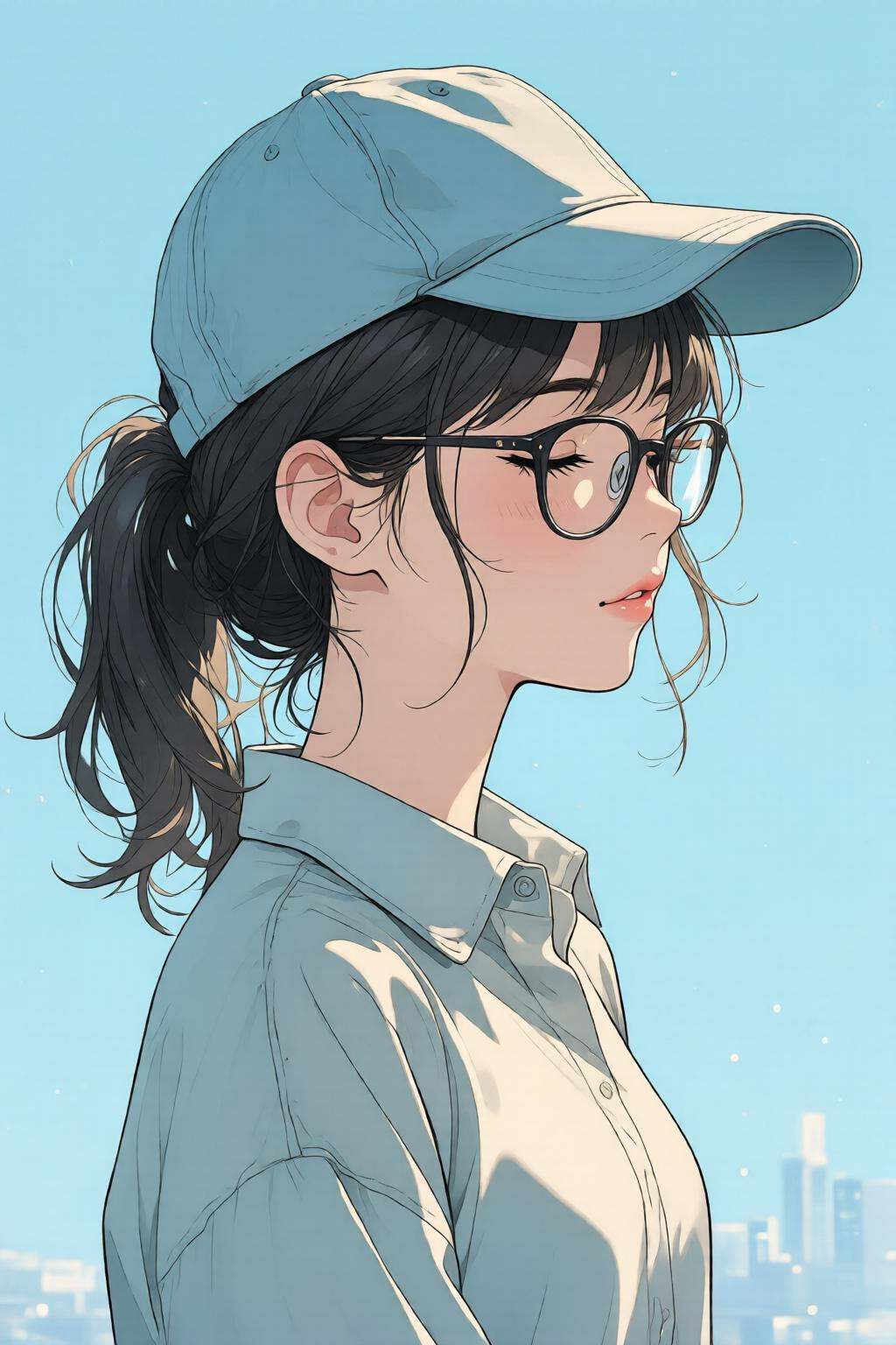 nijidigital3q anime illustration.A young woman,  shown in side profile,  is wearing a light blue cap and a light-colored s...