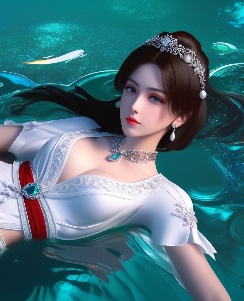 <lora:843-DA-XL-元龙-宋嫣:0.8>, (,1girl, ,best quality, ),,masterpiece, ((((1girl, solo, , ,solo focus, lying on water, )))) (cleavage),,  (), ,ultra realistic 8k cg,   clean, masterpiece,     (( , )),,  , unreal, science fiction, luxury, jewelry, diamond, gold, pearl, gem, sapphire, ruby, emerald, intricate detail, delicate pattern, charming, alluring, seductive, erotic, enchanting, hair ornament, necklace, earrings, bracelet, armlet,halo,(cleavage),, , (),