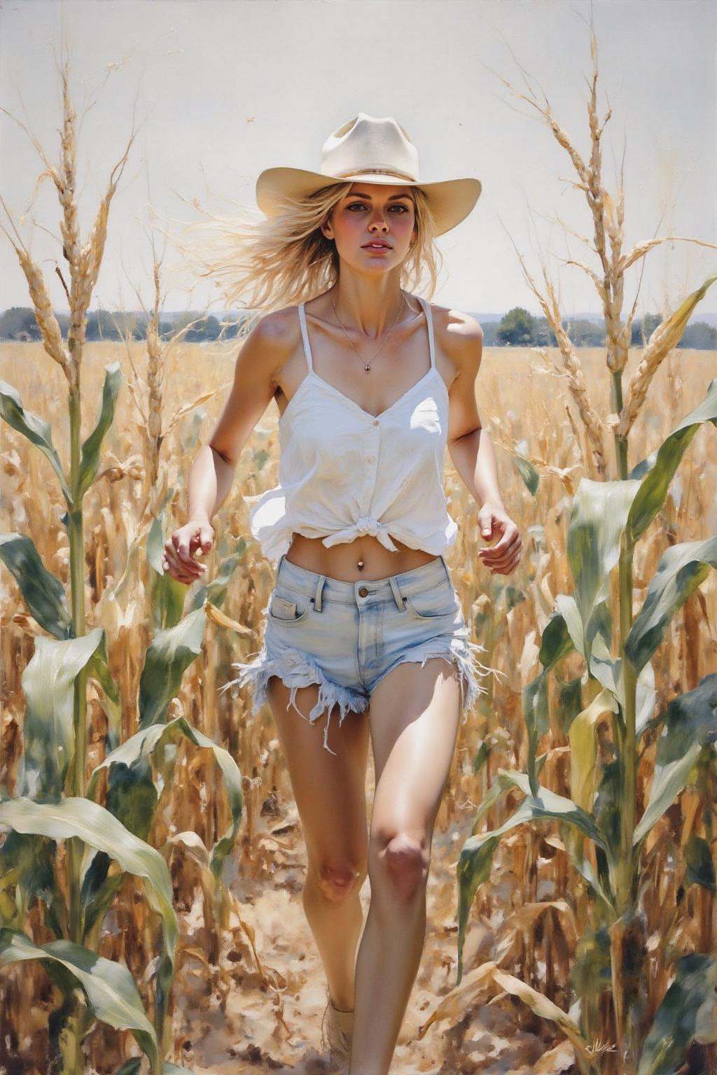yawc1 watercolor of a blonde cowgirl in white short shorts running in a corn field on Tensor.Art