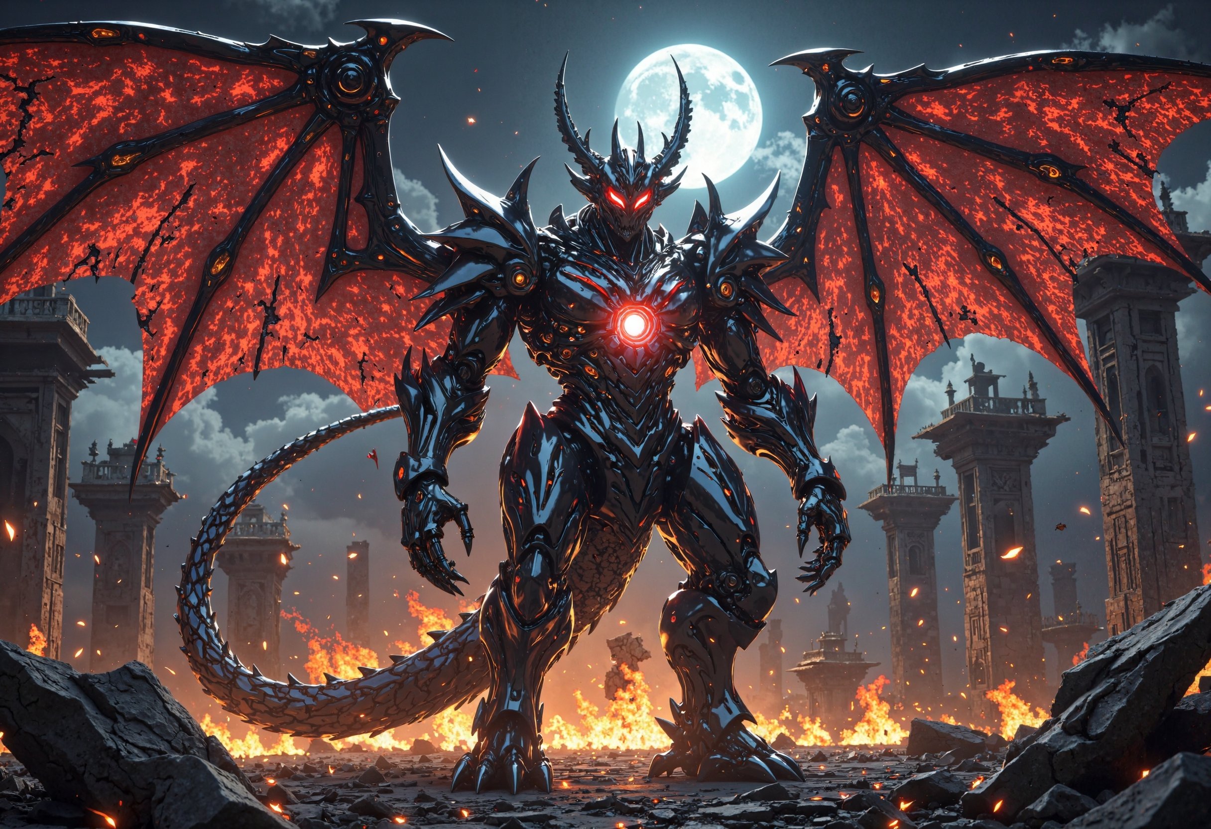 "A towering,  demonic mechanical entity stands amidst a ruined,  otherworldly cathedral on Tensor.Art