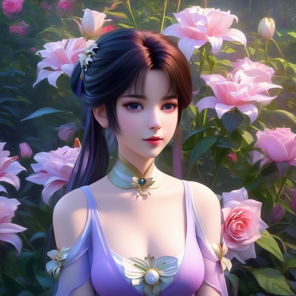<lora:834-DA-XL-诛仙-碧瑶:0.8>, (,1girl, ,best quality, ),,  ,ultra detailed 8k cg,ultra realistic 8k cg,1girl, solo,(bare shoulders:0.85),(masterpiece, best quality),((oil painting style)),sexy young lady,(beautiful face and eyes),(upper body:1.5),(whole body:1.05),(single person:1.2),surrounded by flowers, (lily), roses, floret, vegetation, white, purple, purplish pink,Impressionism,colorful,(Breast size:1.3),(cleavage),, butterfly,(sit),