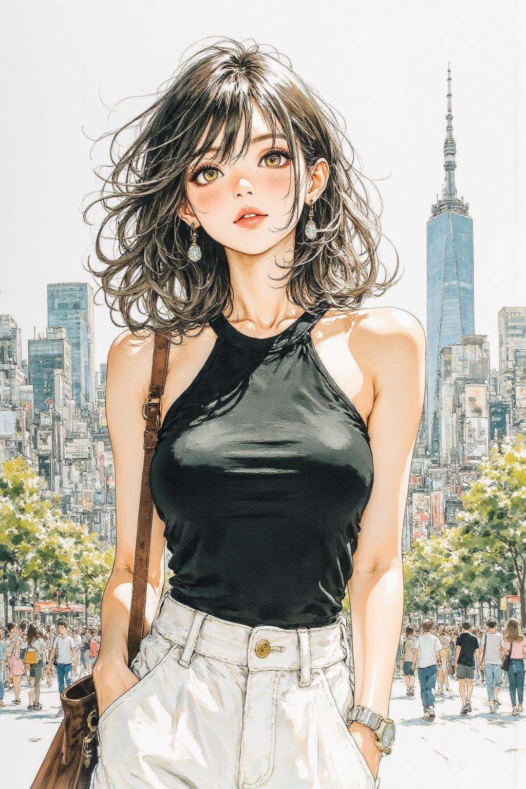nijiwatercolor1q anime illustration.A young woman is standing in an urban setting,  looking directly at the viewer. She ha...