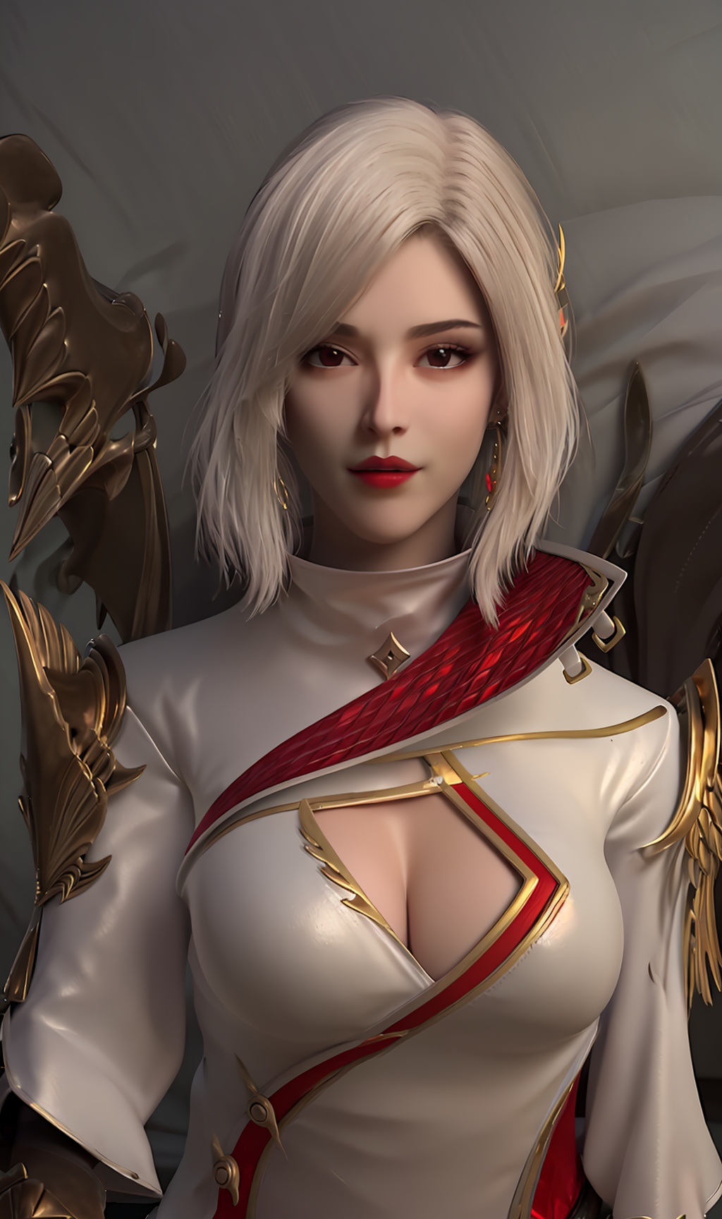 3D,masterpiece,(best quality),(makeup),official art, extremely detailed cg 8k wallpaper,((crystalstexture skin)), (extremely delicate and beautiful),(highly detailed),(face),(collar),(gold_trim),(1girl), (solo), (jewelry), (earrings),(hair),(short_hair),(hair_ornament),(handwear),(breasts),(cleavage),((upper_body)),(closed_mouth),(multicolored_clothes),(multicolored_dress),(shiny_clothes),(city,outdoor,bed),(gauntlets),(shoulder_armor),,,((looking_at_viewer)),((Facing the camera)),, <lora:hipoly3DModelLora_v10:0.3>