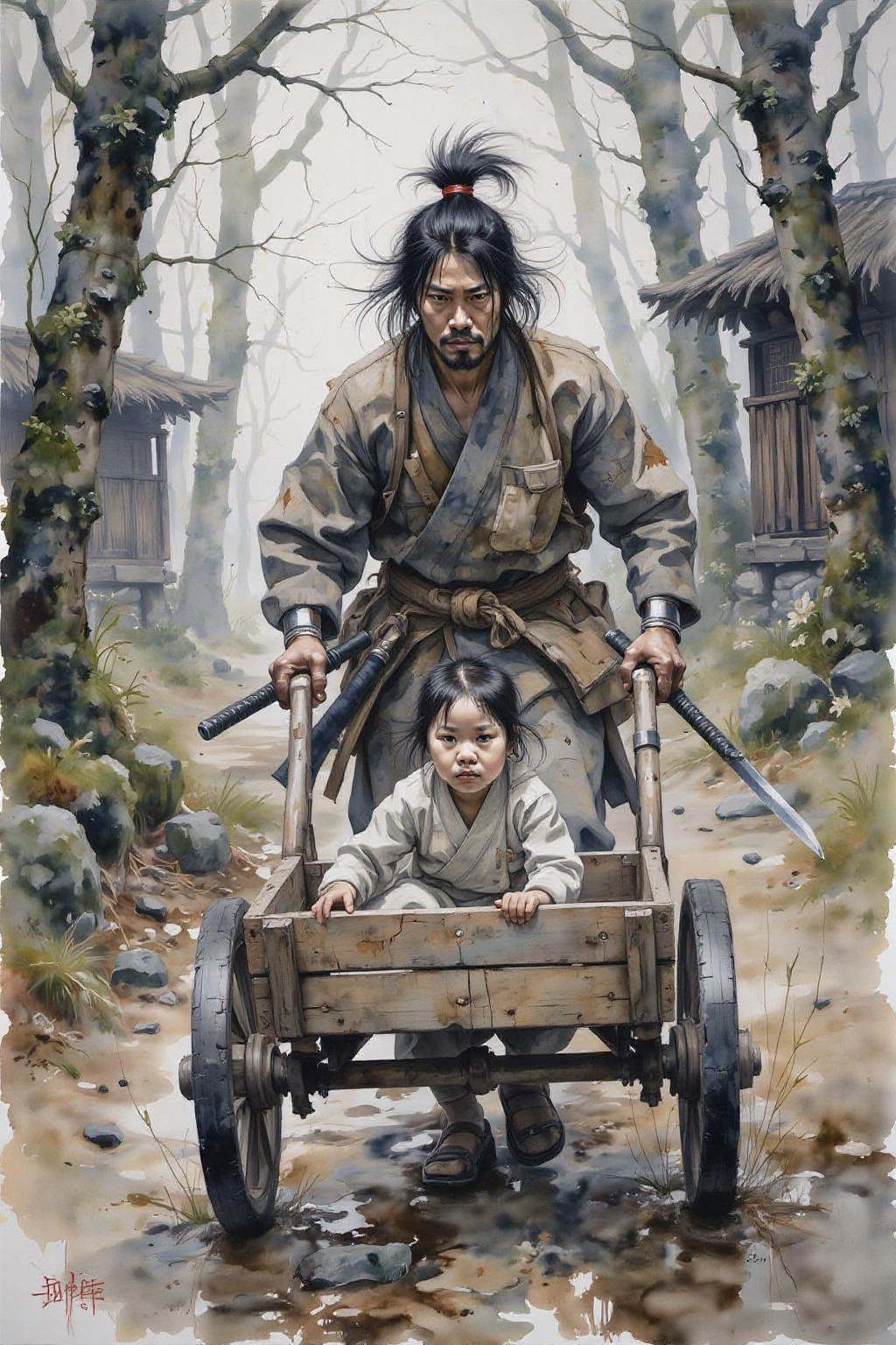 yawc1 watercolor.A stoic Japanese samurai dressed in traditional tattered kimono pushes a wooden cart through a serene yet...