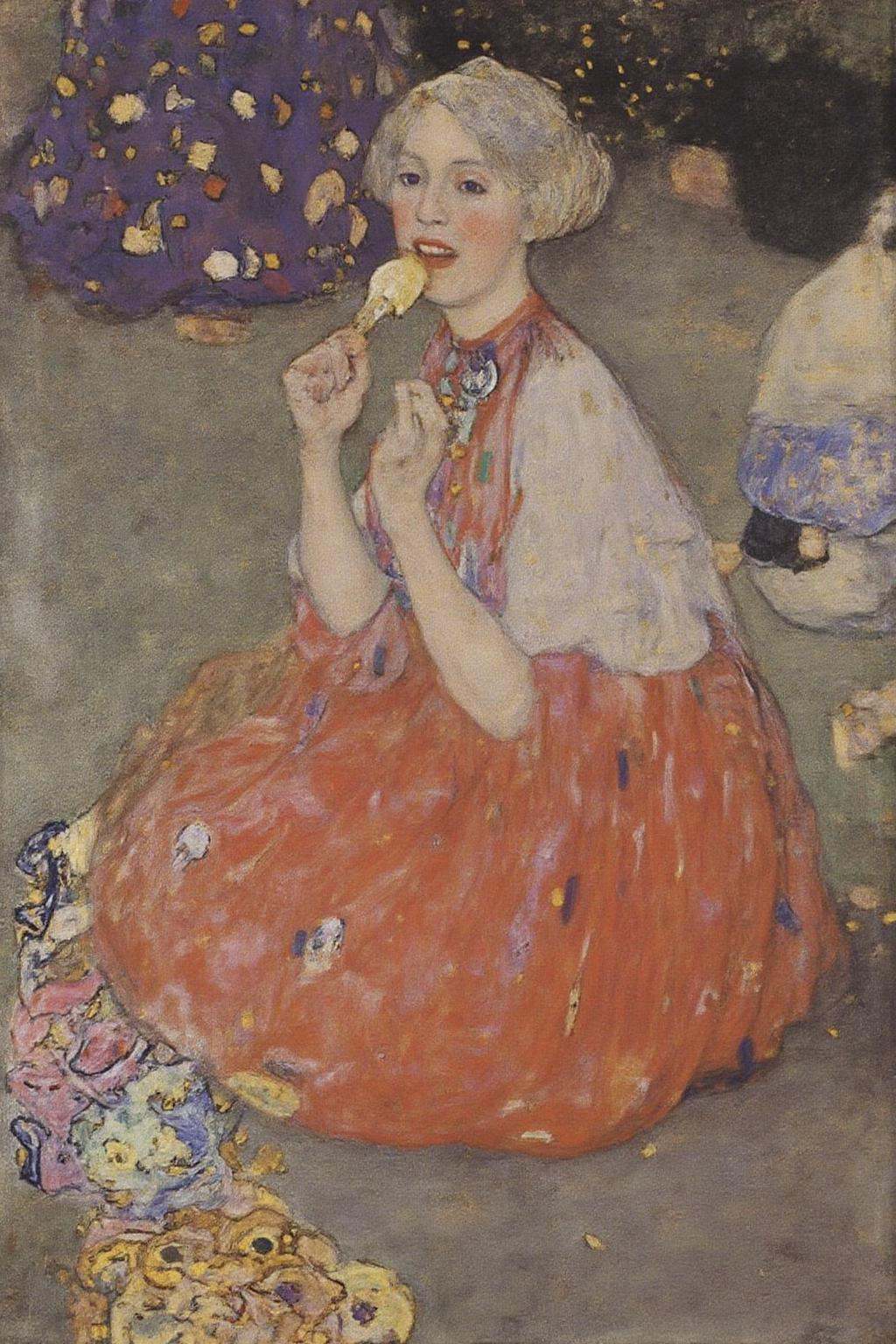 kl1mt painting. A woman,  sitting on the ground eating ice cream. on Tensor.Art