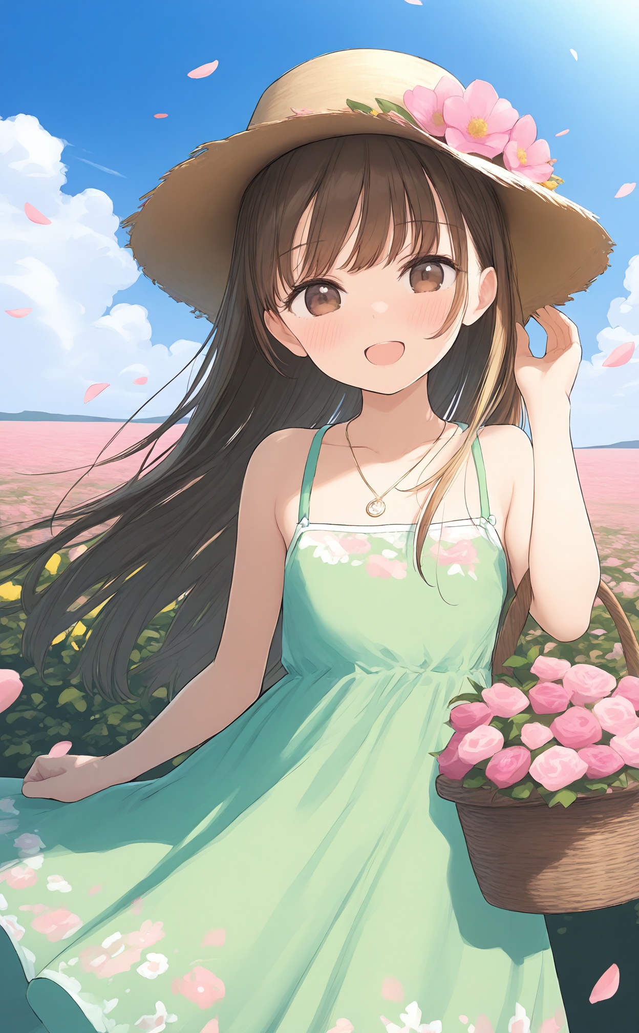 masterpiece,best quality,high quality,(colorful)loli,solo,1girl,dress,hat,outdoors,flower,smile,sky,straw hat,long hair,looking at viewer,brown hair,open mouth,petals,pink flower,sleeveless,day,:d,cloud,blue sky,blush,green dress,brown eyes,basket,bangs,sleeveless dress,sundress,collarbone,bare shoulders,necklace,jewelry,bare arms,brown headwear,floral print,hand up,hat flower,