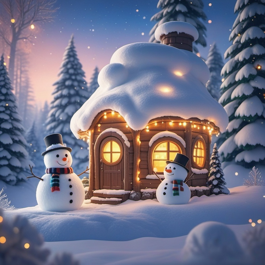shengdan,A whimsical,snow-covered cottage with a cozy,glowing window and a tiny,snowman buddy sporting a black top hat and a striped scarf. The cottage is decked out with festive lights,nestled among snow-laden pine trees in a magical winter wonderland. The snowman's face is all smiles,and the scene is bathed in a soft,magical glow,creating a warm,inviting vibe against the wintry backdrop.,,<lora:shengdan_v1-000016:0.8>