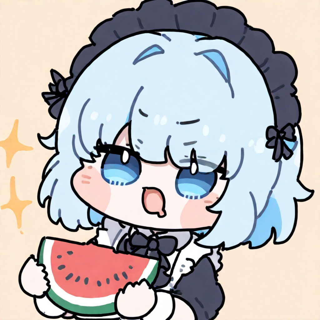 <lora:oldstore:1>,masterpiece,best quality,,,chibi, ,1girl,solo,,,,maid,, ,light blue hair,,short hair,,, maid headdress, black headwear, , ,,light blue eyes,,,, simple background, meme,upper_body,solo,holding_watermelon_slice,watermelon_slice,holding_fruit, eat_watermelon_slice, open mouth, focus on face