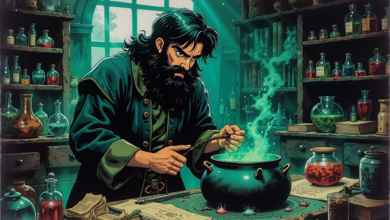 A medieval alchemist,  with a long,  flowing beard and deep-set on Tensor.Art