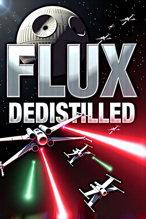 Massive metallic text reading 'FLUX DEDISTILLED' with subtext 'FP16' displayed in a bold,  futuristic style,  similar to t...