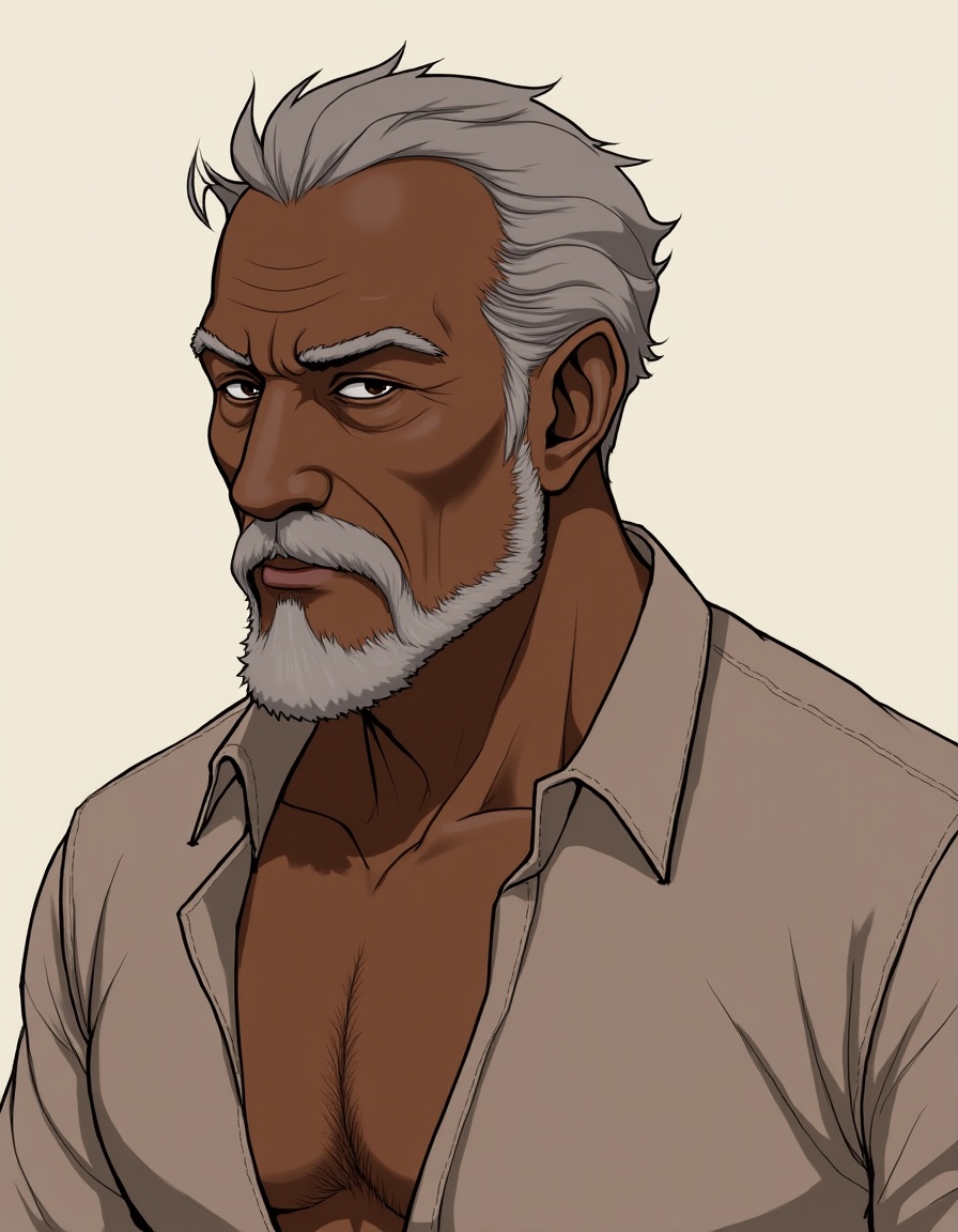 <lora:FLUX_CNfruta:0.8>1boy, dark-skinned male, facial hair, muscular male, mustache, navel, old man, shirt