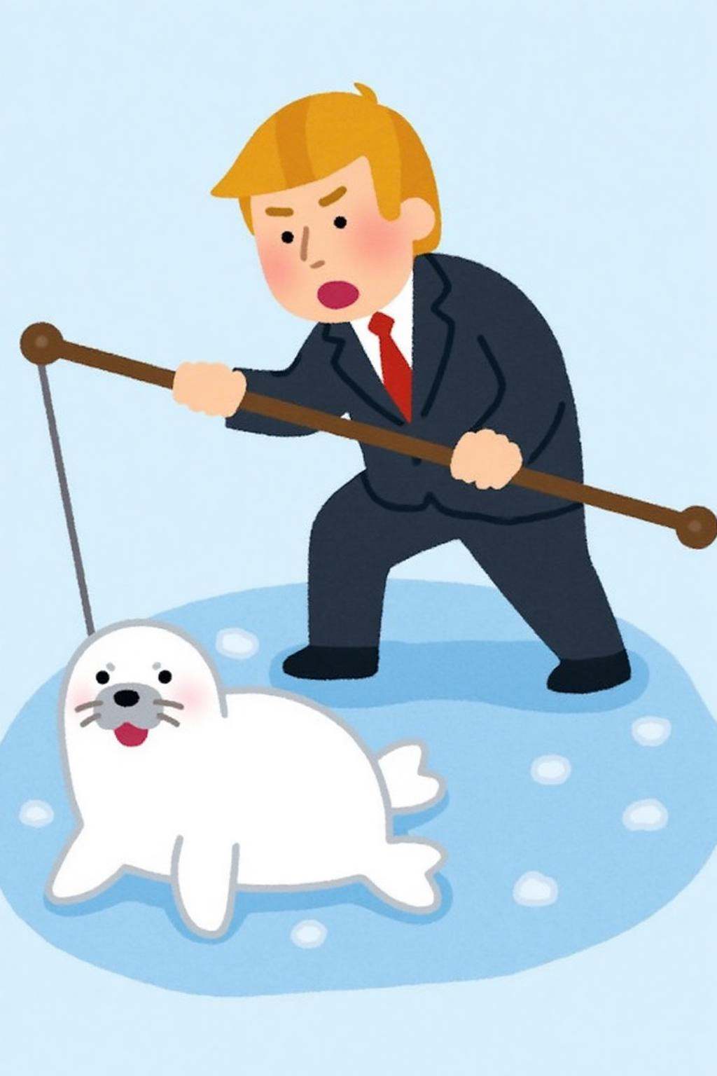 irasutoya1 illustration. Donald Trump harpooning a white baby seal on ice. on Tensor.Art