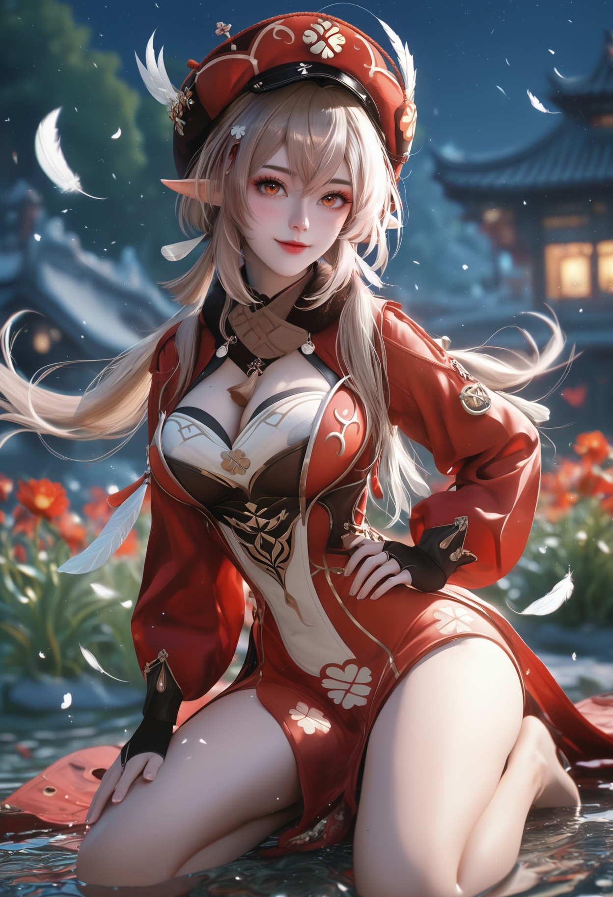 XUER gufeng,<lora:绪儿古风XUER gufeng:0.6>,<lora:GoodHands-beta2XL:1>,score_9,score_8_up,score_7_up,score_6_up,highres,night,aesthetic,blush,(large breasts,big ass,large thigh,thigh gap,large hips,thin waist),k-pop idol,miss korea,korean beauty,BREAKmasterpiece,raw,realistic,high-resolution,(detailed),(photograpy),(photorealistic),(full_body:1.2),seductive smile,large breasts,depth of field,wide_shot,Kneeling with one hand on the ground and the other on the hip,BREAK1girl,klee (genshin impact),solo,hat,clover print,pointy ears,twintails,long hair,ahoge,low twintails,bangs,cabbie hat,hair between eyes,sidelocks,hat ornament,red coat,coat,long sleeves,brown scarf,hat feather,smile,scarf,light brown hair,red headwear,simple background,orange eyes,