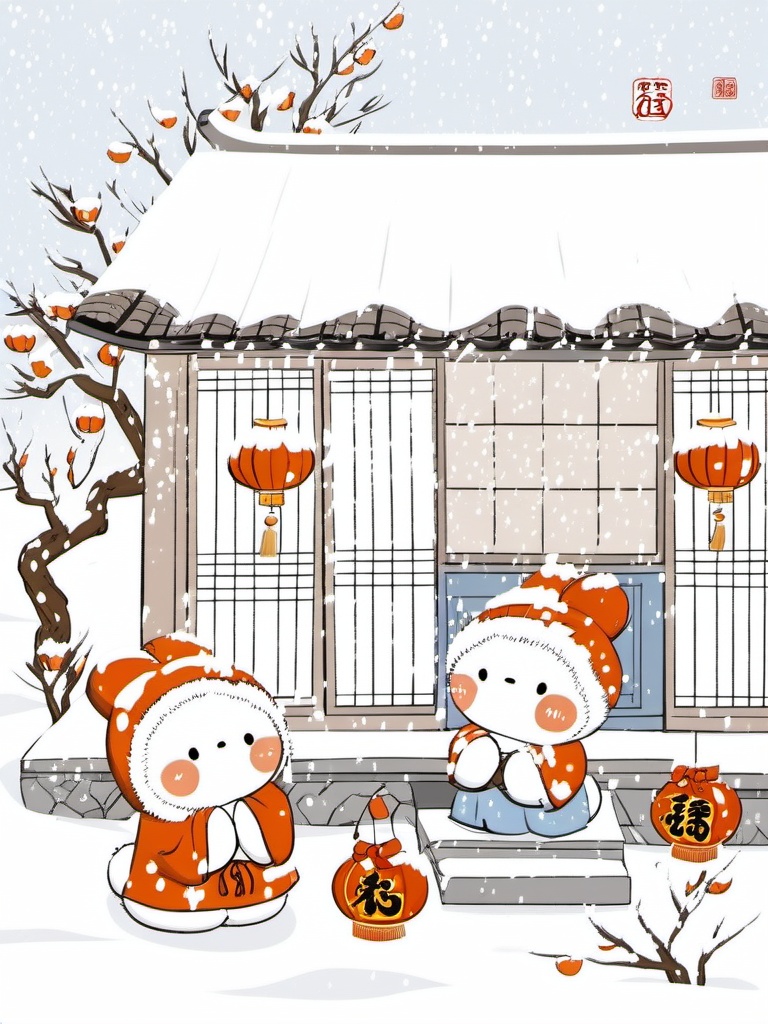 tuzi,A cute, snowy village scene with adorable white rabbits decked out in traditional Chinese New Year gear. They're hanging out in front of a quaint house with lanterns and a sign. The rabbits are rocking red bows and robes, with one rocking a blue robe. The snow-covered ground is scattered with oranges and a festive vibe. The background has a bare tree with oranges, and the whole thing's got a soft, pastel look.,<lora:tuzi_v1:0.8>