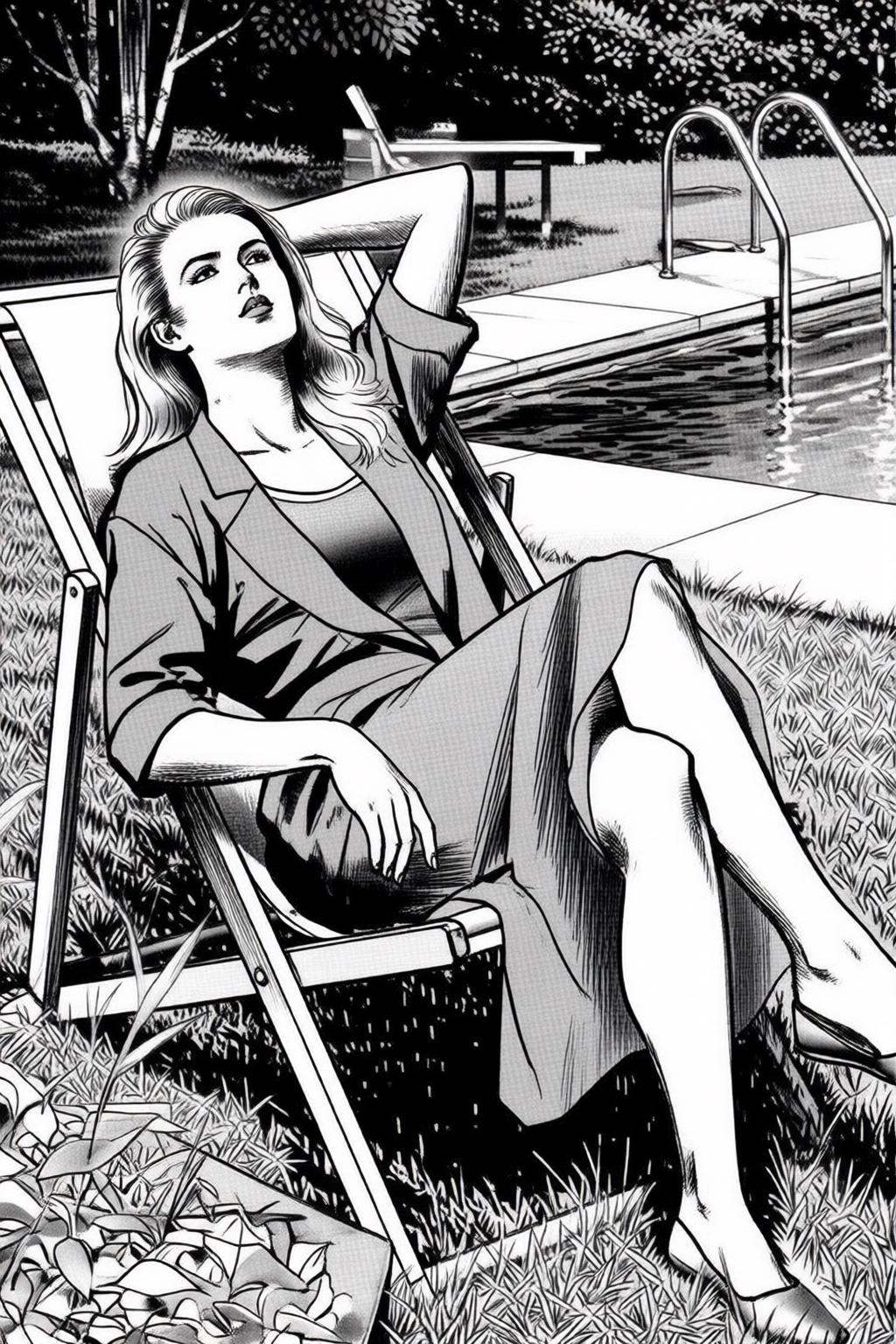 ryoichiikegami2q illustration. Black and white drawing.A blonde woman relaxing on a lawn chair by the poolside on Tensor.Art