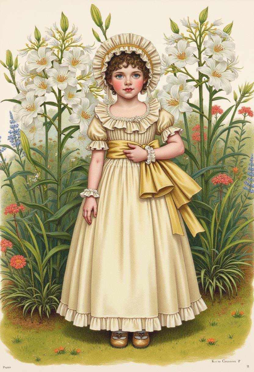 Charming Victorian watercolor painting,  by Kate Greenaway. Features young girl in a frilly,  cream-colored dress with ruf...
