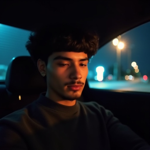 Photo of young Hispanic guy with good haircut chilling in backseat of car at night,  close up,  flash photography on Tenso...