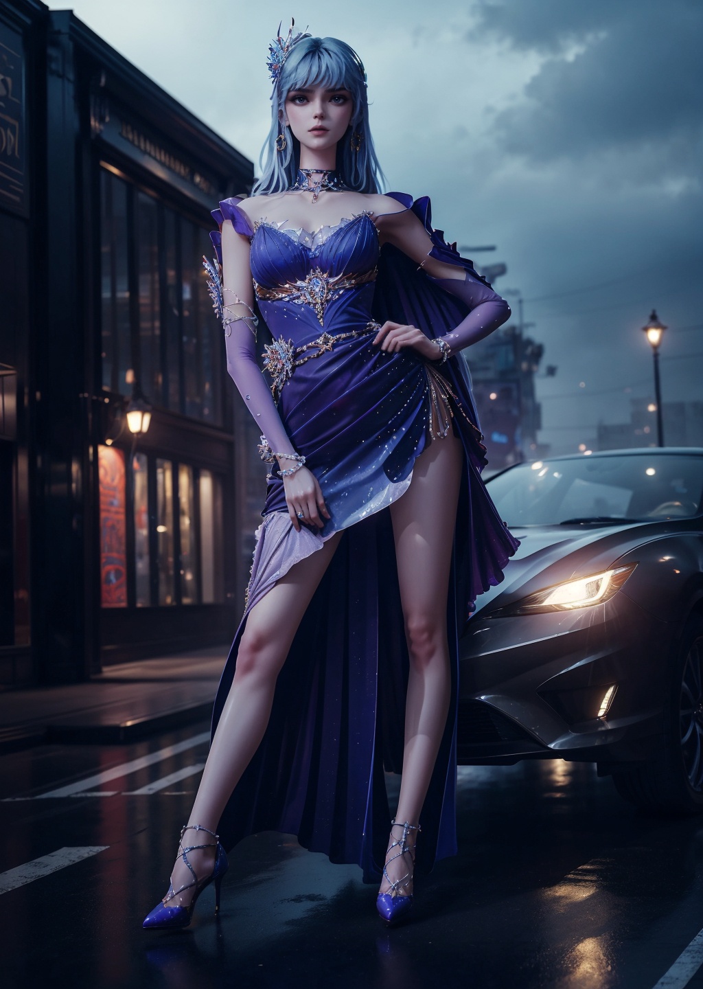 1girl,solo,blue long hair,purple eyes,makeup,lipstick,closed mouth,earrings,hair ornament,choker,dress,high heels,high heels,looking at viewer,outdoors,road,fog,rain,(full body),depth of field,ray tracing,Highly detailed,(ultra-detailed),(best quality:1.5,masterpiece:1.5),<lora:caier:0.95>,<lora:qingcheng:0.65>,