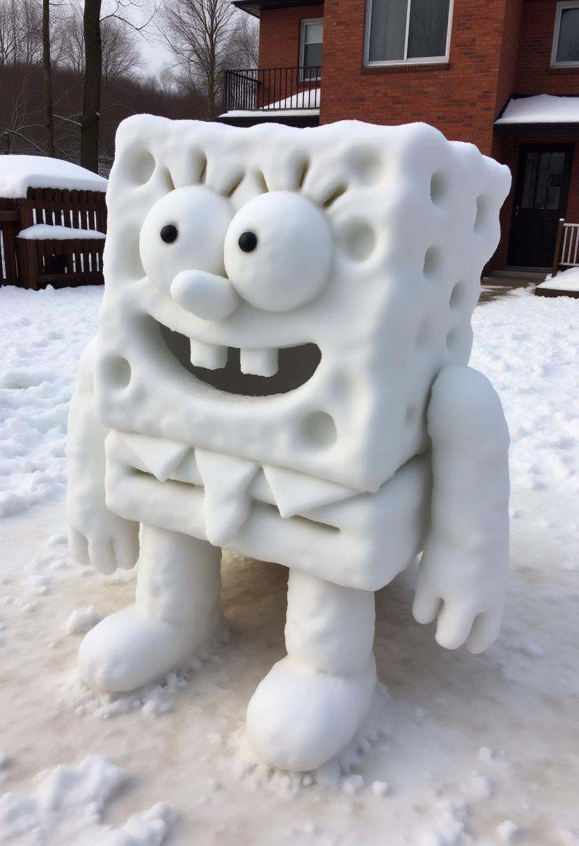 Realistic photograph of a SpongeBob SquarePants snow sculpture,  crafted entirely from snow. The snow sculpture's texture...