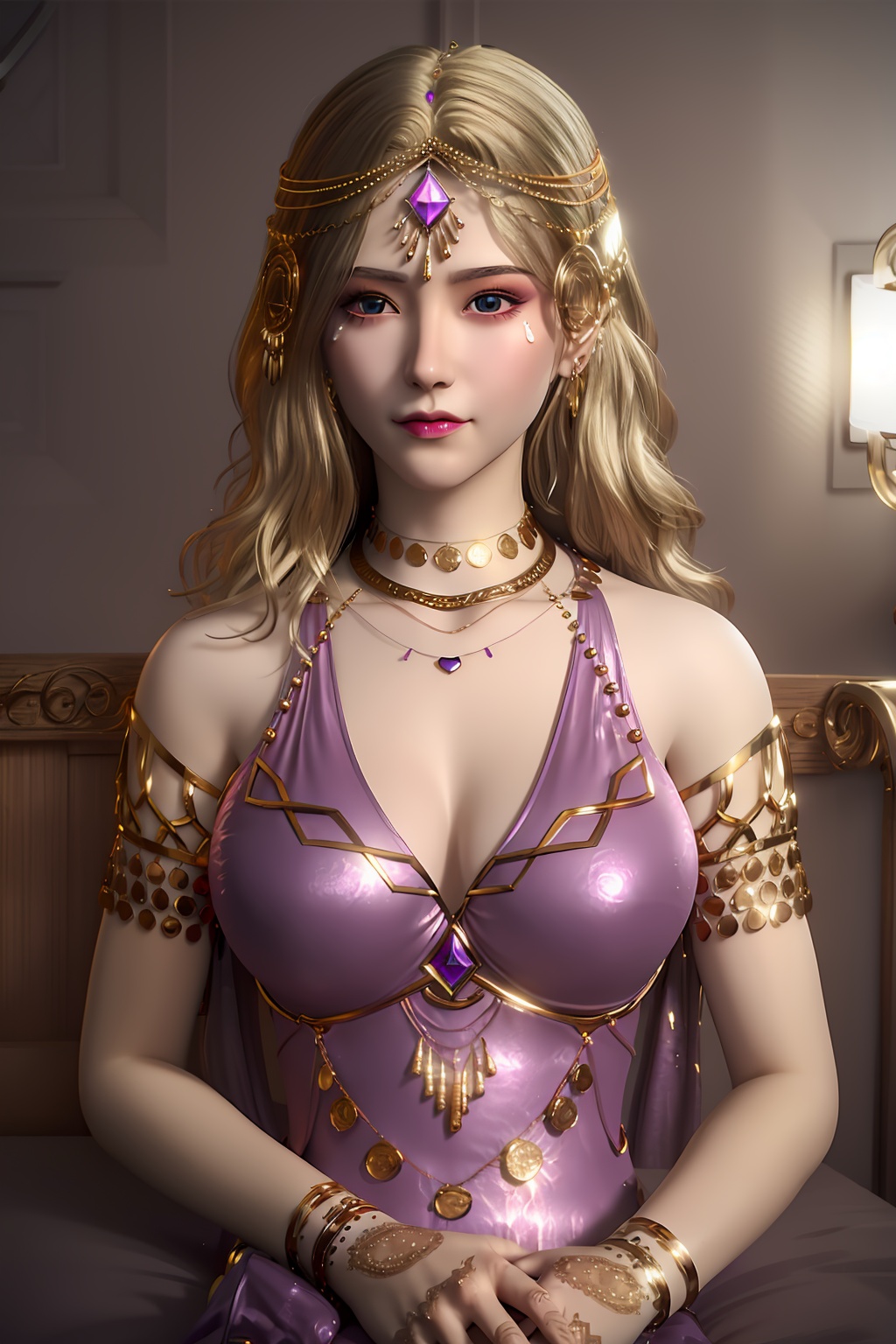 3D,masterpiece,(best quality),(makeup),official art, extremely detailed cg 8k wallpaper,((crystalstexture skin)), (extremely delicate and beautiful),(highly detailed),(face),(tiara),(gold_trim),(bracelet),(1girl), (solo), (jewelry), (earrings),(blonde_hair),(long_hair),(hair_ornament),(handwear),(breasts),((upper_body)),(closed_mouth),(long_dress),(shiny_clothes),(city,indoor,bed),,((looking_at_viewer)),((Facing the camera)),, <lora:hipoly3DModelLora_v10:0.3>