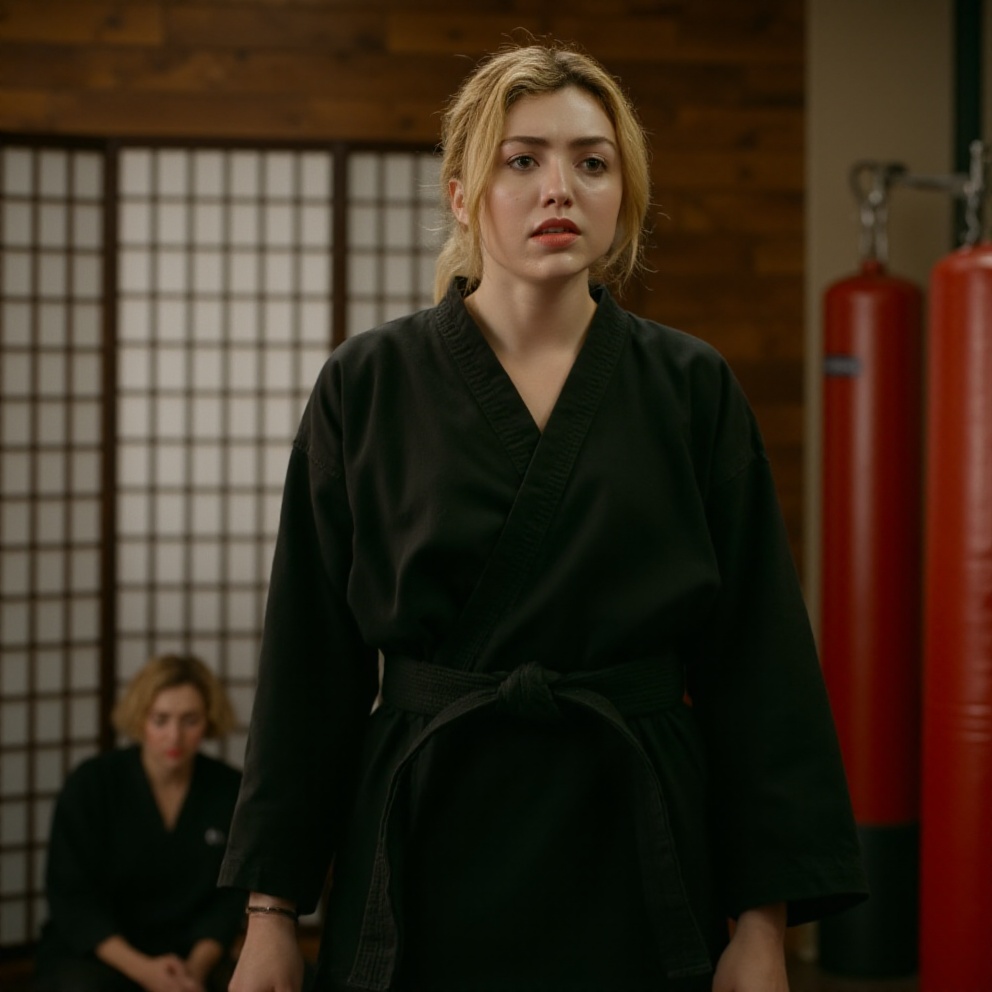 This is a photograph of a young woman standing in a martial arts studio. She is of Caucasian descent with fair skin and li...