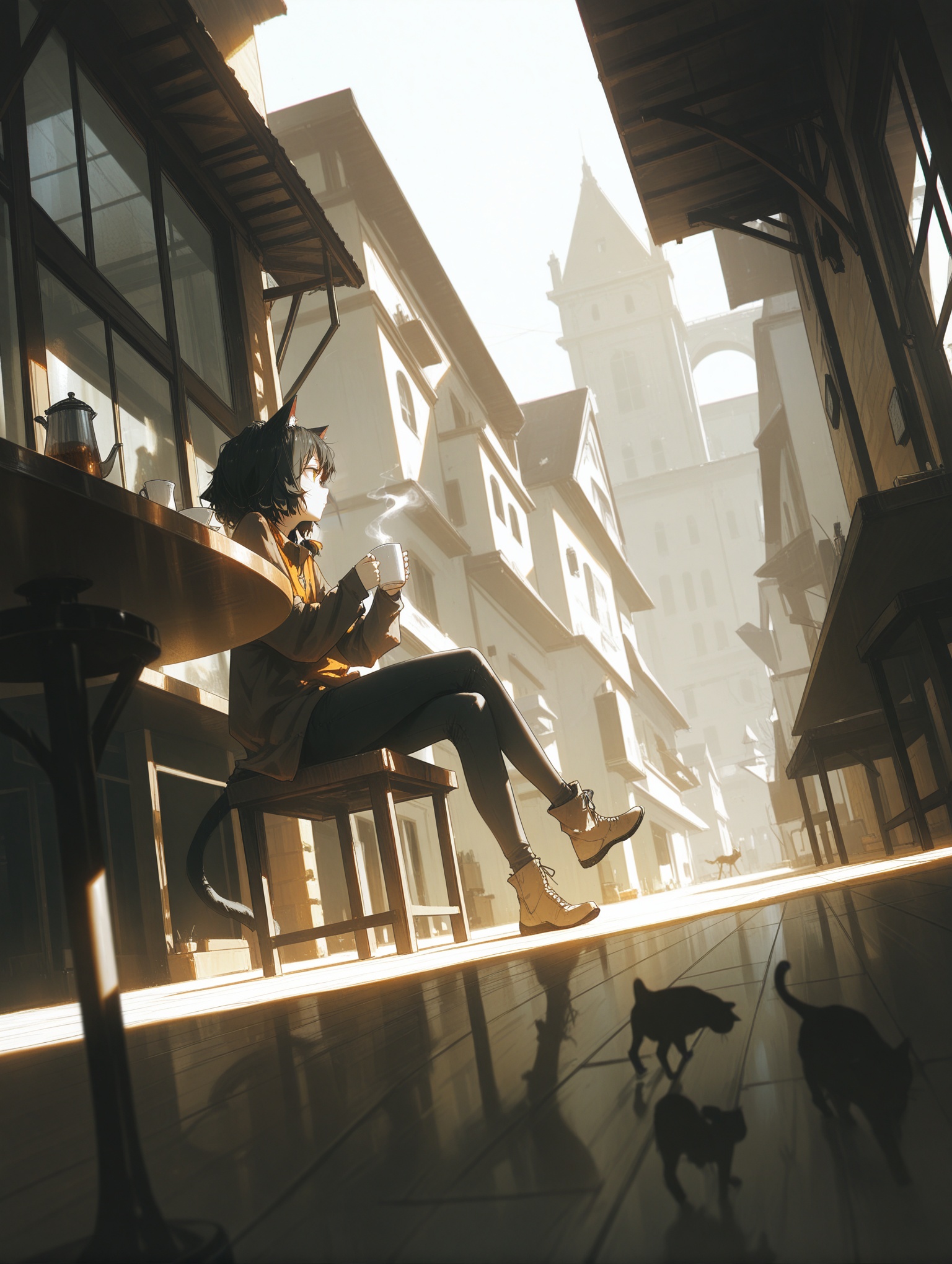 dino \(dinoartforame\), (konya karasue:1.2), 1girl, cat girl, scenery, wide shot, outdoors, full body shot, dynamic pose, cafe, sitting, holding cup, steam from cup, looking afar, thinking, day, sunlight, perspective, dutch angle, long shot, depth of field, crossed legs,,masterpiece,best quality,amazing quality,