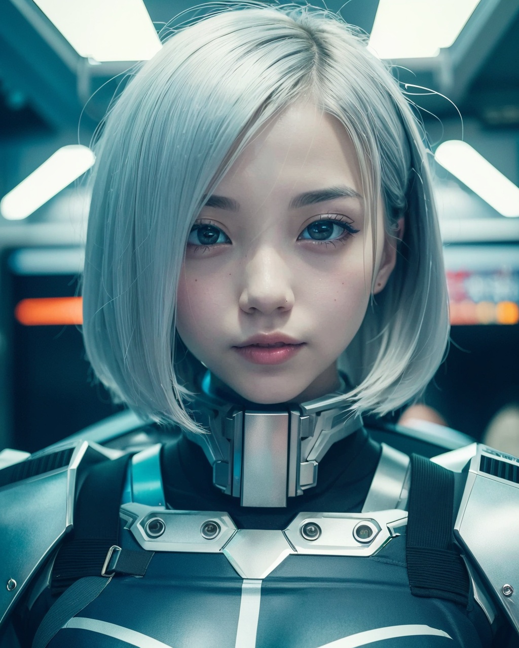 1girl,solo,japanese,silver hair,machinery armor,mecha musume,looking at viewer,sky,subway,light,((perfect skin,skin glowing)),Highly detailed,(ultra-detailed),(best quality:1.5,masterpiece:1.5),<lora:qingcheng-000014:0.9>,