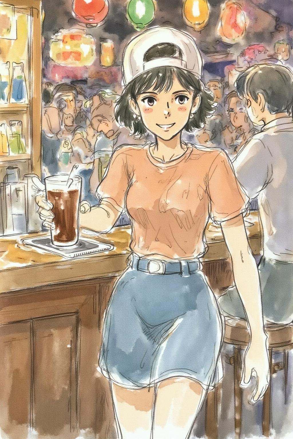 hayaomiyazaki2 illustration.The air buzzes with the energy of a busy bar,  a mix of music,  conversation on Tensor.Art