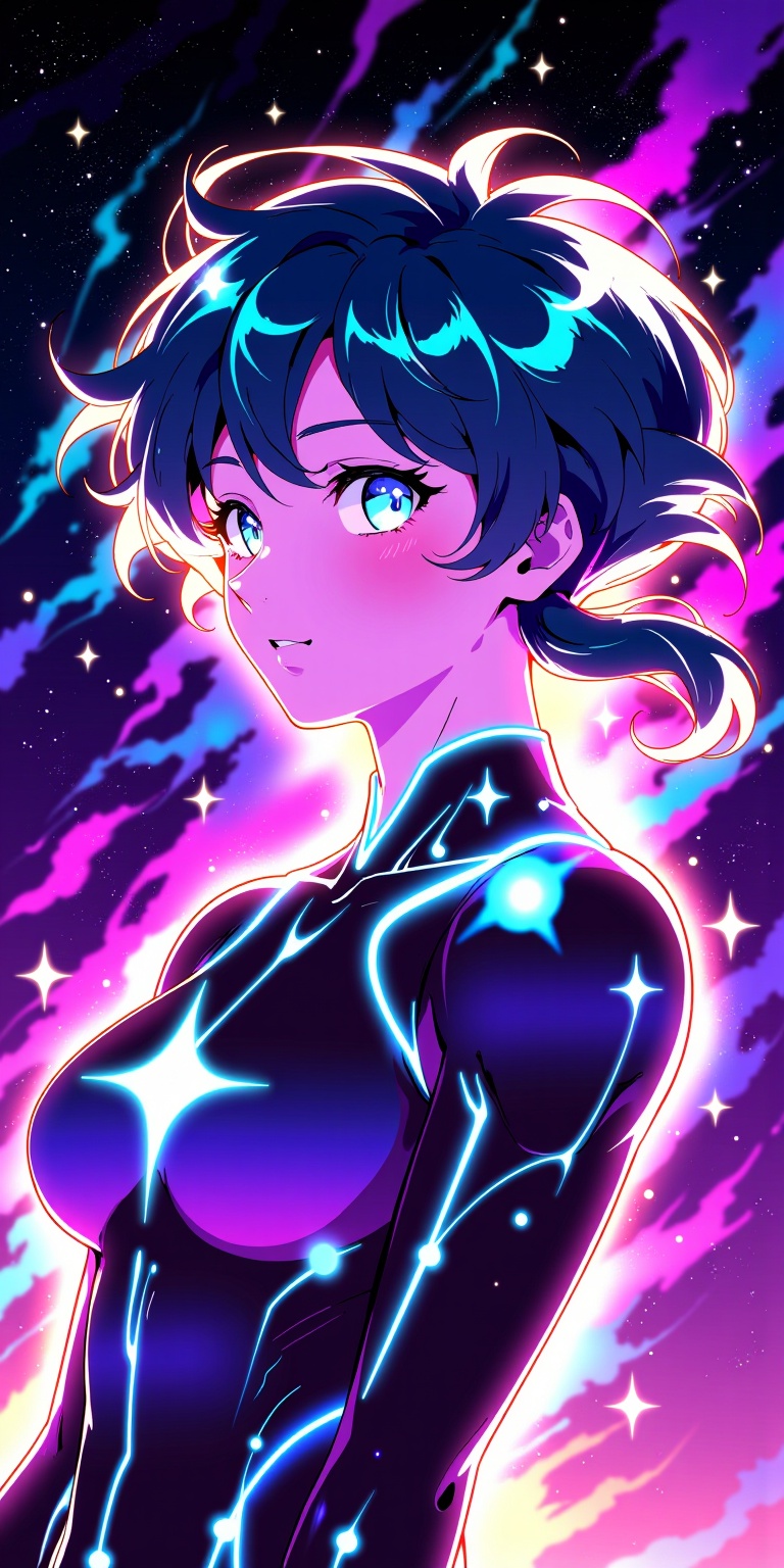abstract cosmic. Vibrant Anime Character with Glowing Eyes and Starburst Effects on Tensor.Art