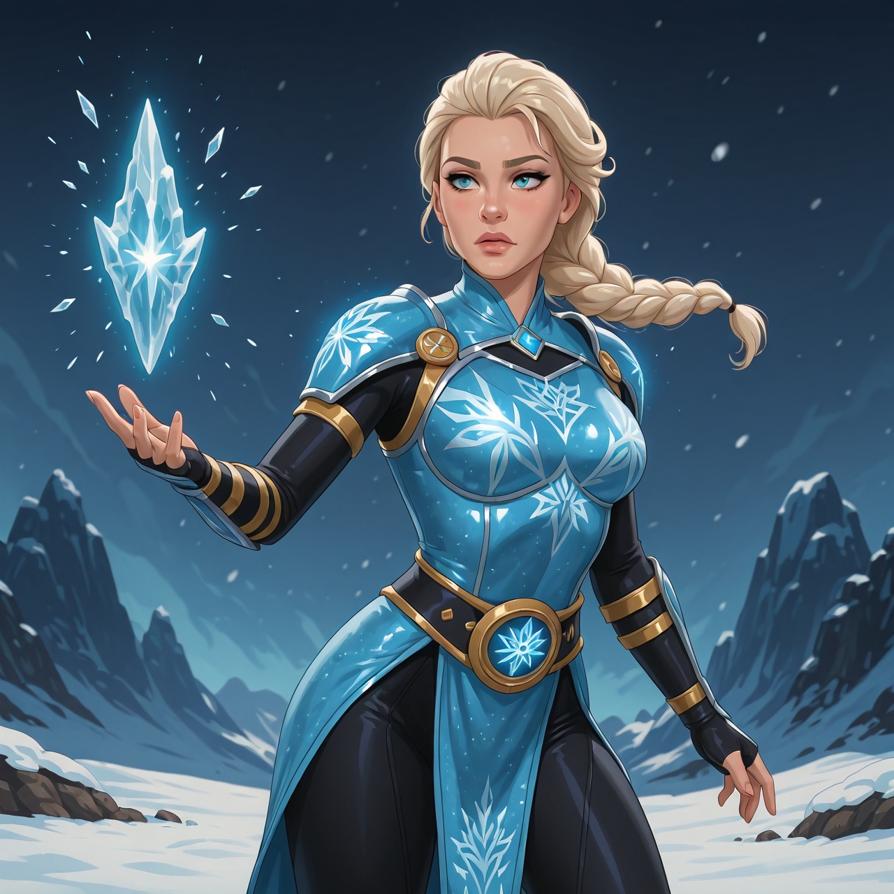 Elsa from Frozen,  in a dramatic three-quarter body shot,  wearing a full Sub-Zero outfit from Mortal Kombat: detailed blu...