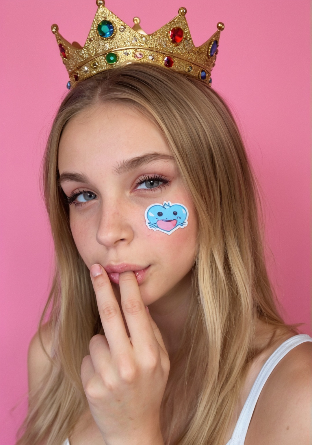 realisitc photography of Winking ****/finger on lips with cartoon crown on her head. realistic **** girl with cartoon crow...