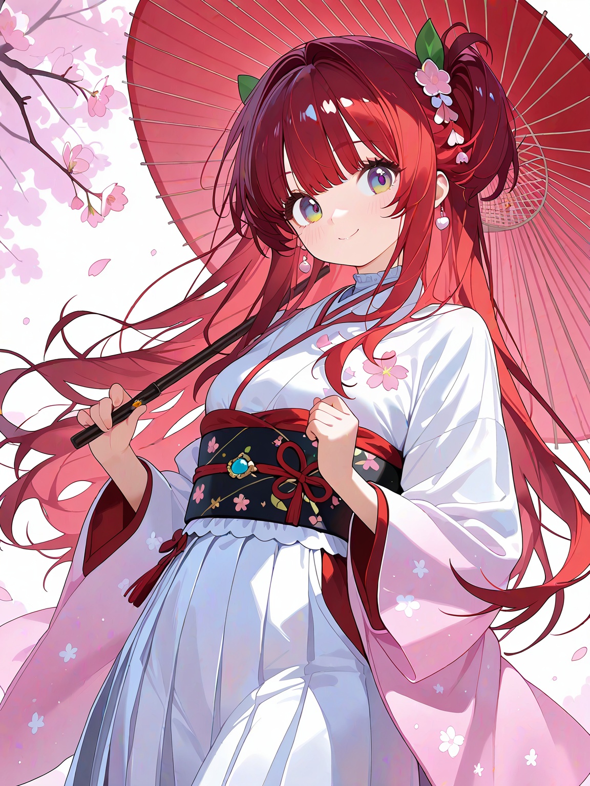 MBFG,  A captivating anime-style illustration highlights a charming girl with cherry-red hair twisted into elegant chignon...